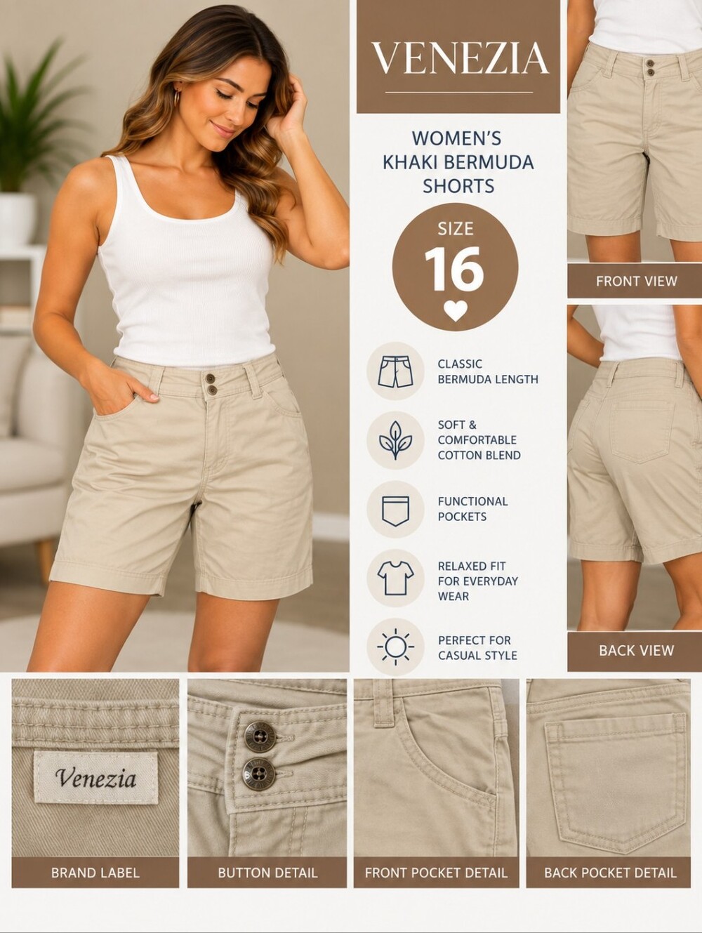 Venezia Women's size 16 khaki bermuda shorts #31